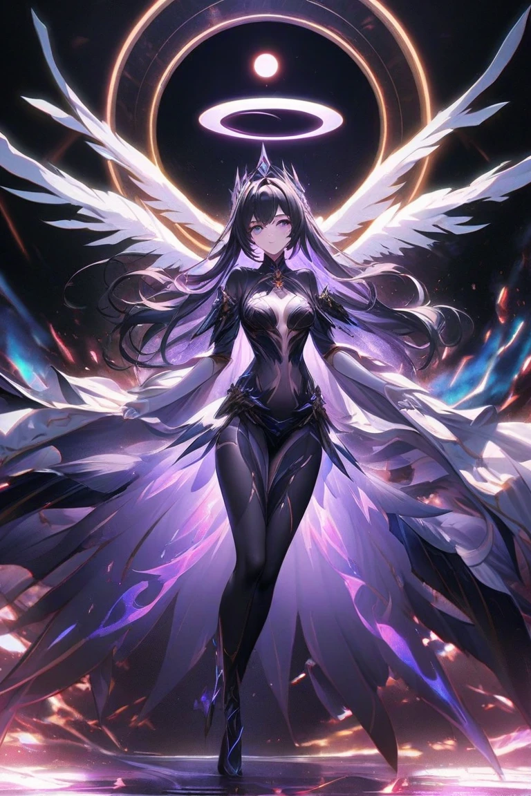 from below, finest image, (8k, RAW photo, realistic), beautiful devil queen, condescending gaze, blue shining sharp slit eyes, long eyelashes, double eyelids, crimson alluring moist big thick lips, abs, slender, perfect proportion, iridescent big rainbow-colored wings, has a fireball, black lace robe, black body suit and gold tattoos, blurry background fantasy, galaxy, iridescent light particles, iridescent lines, rainbow-colored neon lights, detailed and delicate depiction, professional lighting