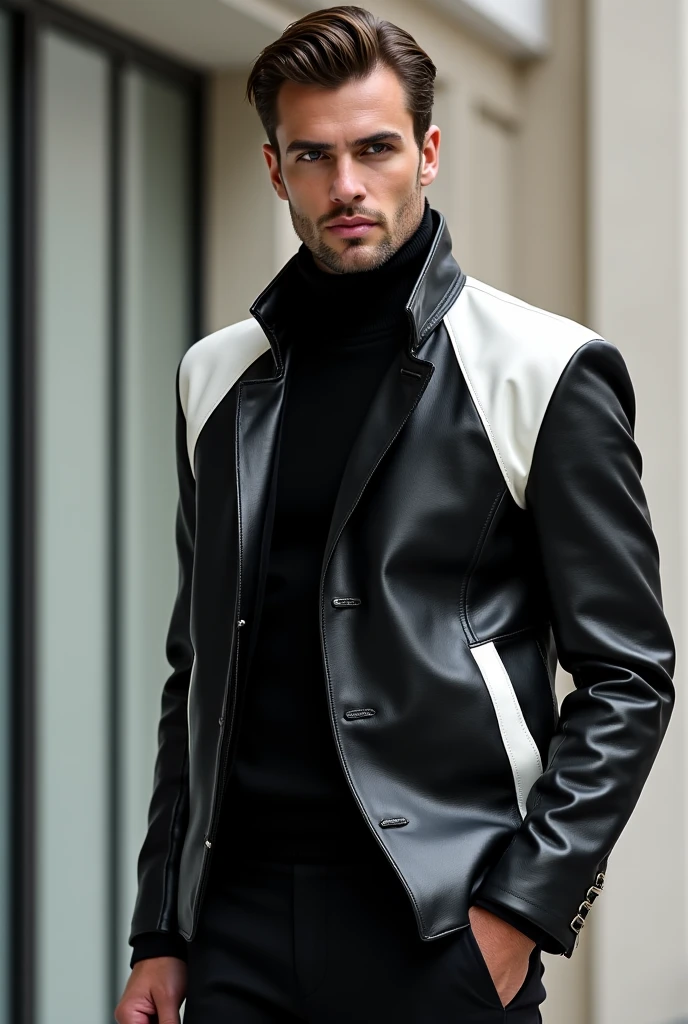 a muscular man in a white jacket white haired grinning smoking tabaco with leather gloves posing cool