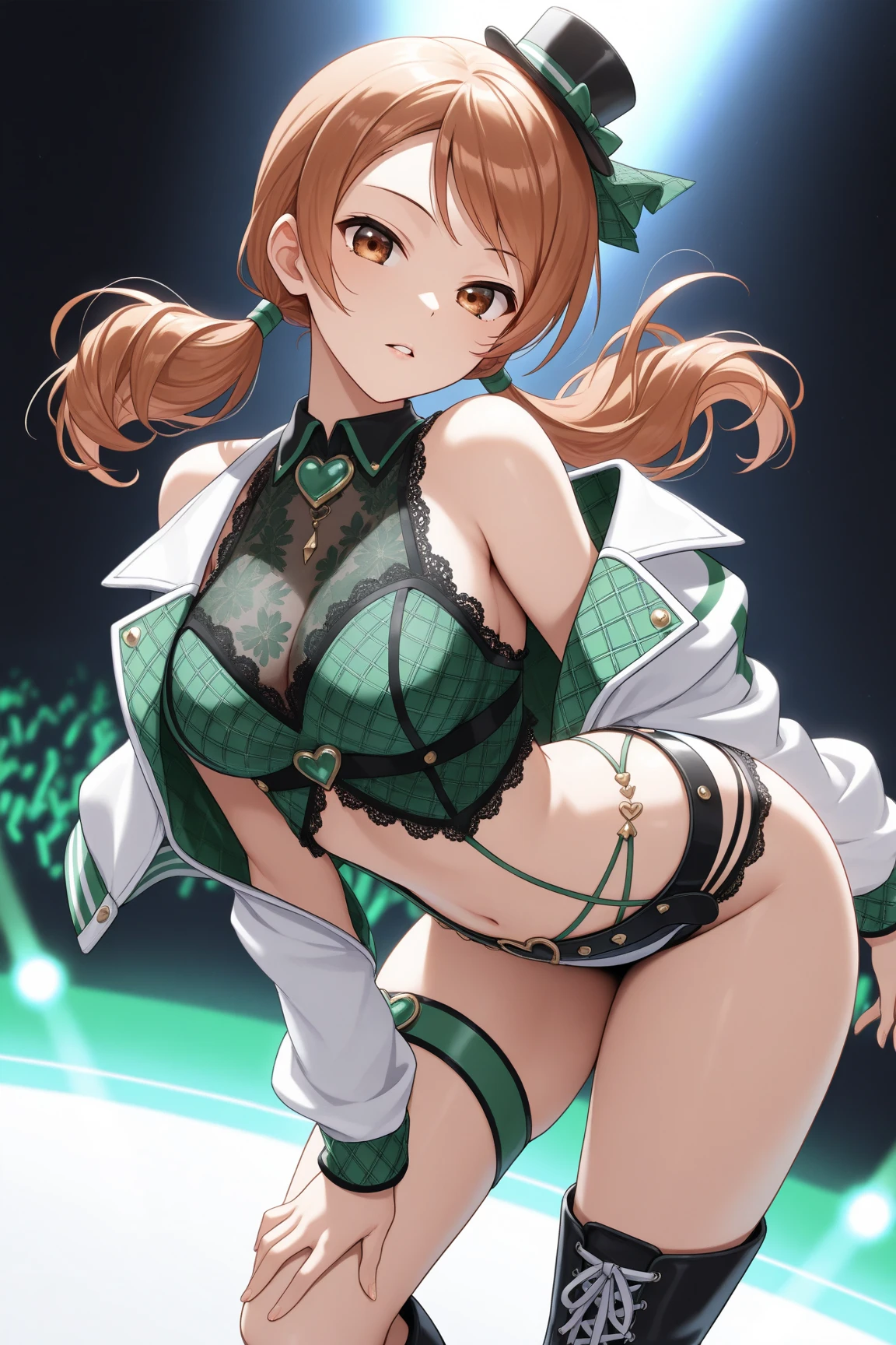 (((NSFW))), Stunning Magica Fantasy Full Body Portrait of Steampunk Woman in Dark Green Underwear, Plummeting neckline emphasizing feminine features, small ears, Brown hair, Smiling happily, Dynamic Pose, Ticker, Fantasy, Extreme Detail, 4Kde, Ultra HD, Trending on ArtStation, Polished, Radiant, Vibrant, Backlight, 8Kdende UltraHD, Unreal Engine 5 Potions, Intricately detailed, 3D is fine