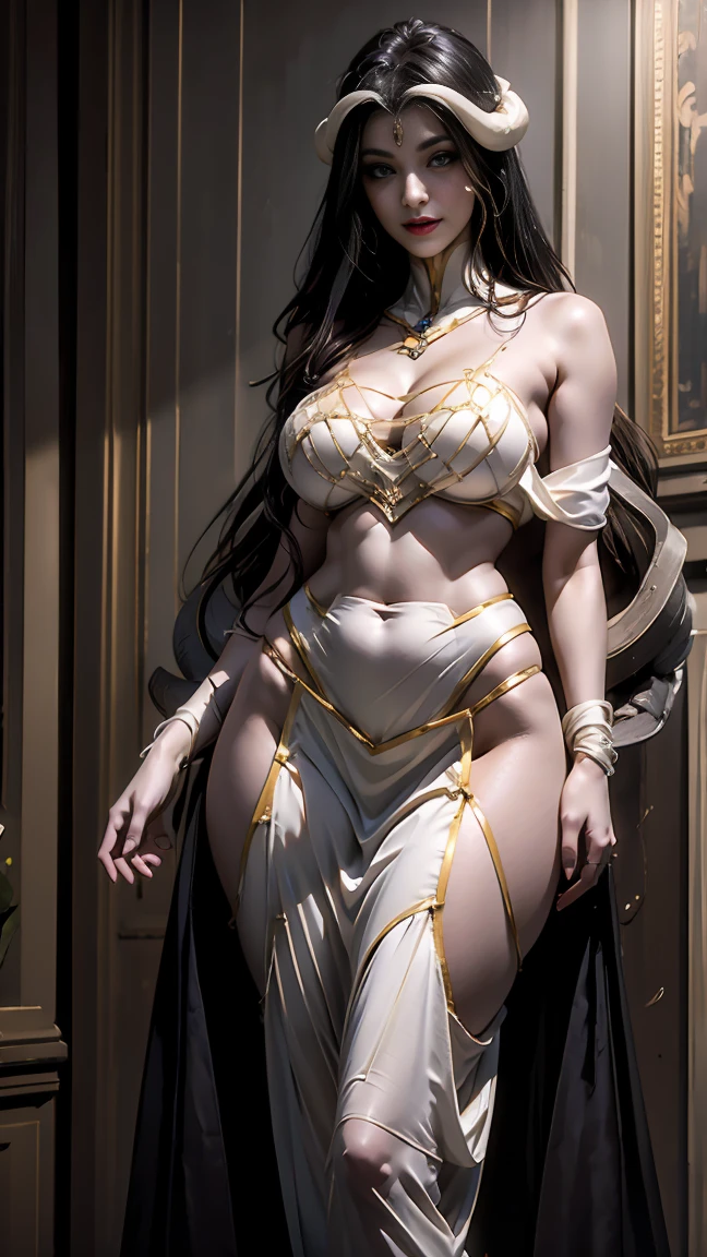 Solo Female:
Body:
Tall and slim with an hourglass figure
Toned and muscular physique
Slender abs
Perfect anatomy
Attire:
White thigh-high lingerie
Golden breastplate
Golden cape
Gold gauntlets
Gold crown
High heels (feet together)
Face:
Detailed with defined cheekbones and puffy lips
Shadowed eyes gazing at the viewer
Lustful, smirking smile with blushed red cheeks
Overall:
Masterpiece depiction