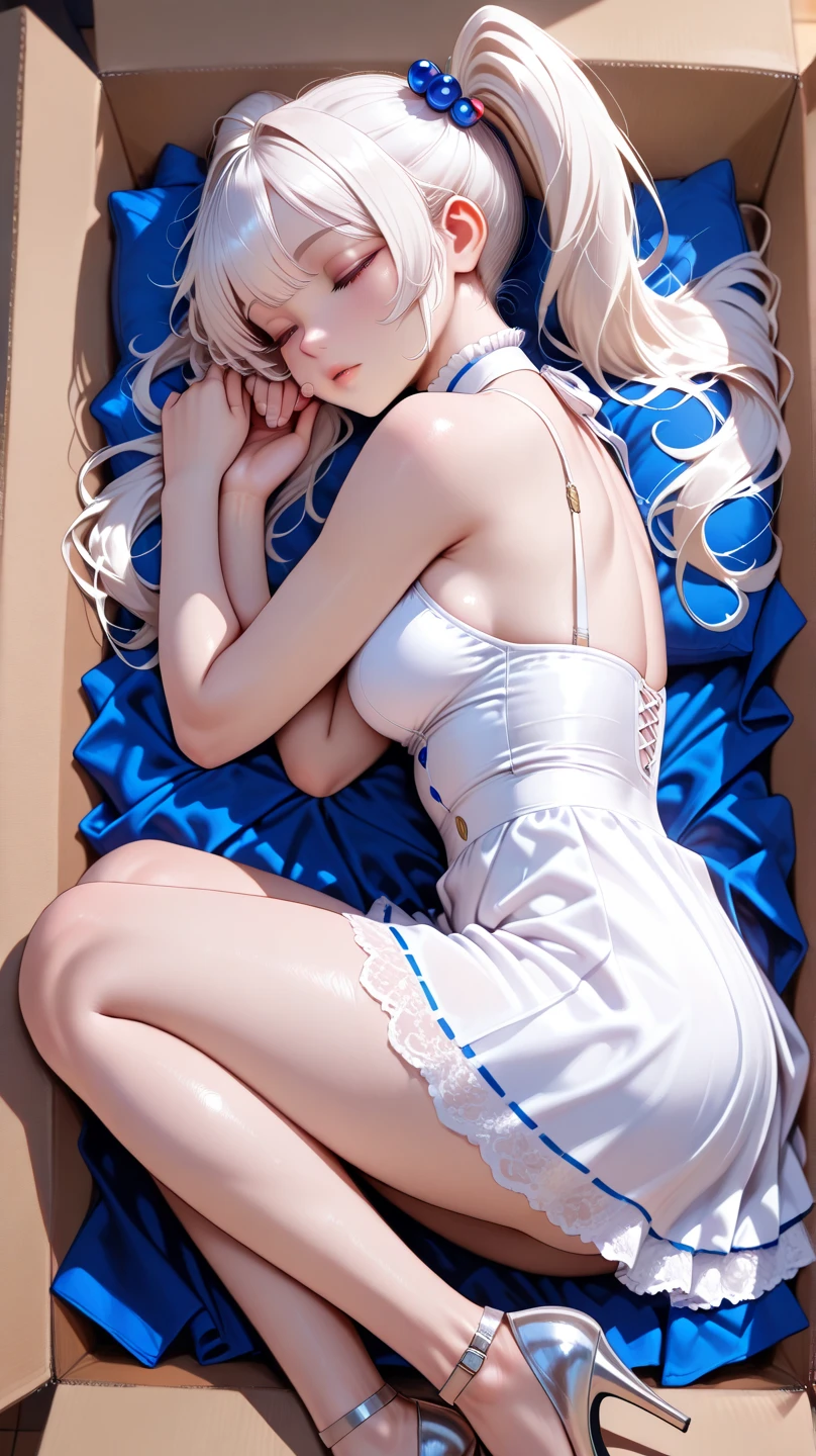 ((huge titig (Glowing blue eyes white skin long hair embarrassed expression) bed for sleeping and waking up (Defense LeSueur full body photo,wear lingerie,mature