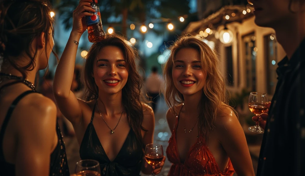 ultra realistic, photography, two girls: one with long straight red hair, (24 years old, hourglass figure, perfect body, natural medium breasts, she is wearing a sexy cyan bikini), the other one: long black straight hair, (30 years old, hourglass figure, perfect fit body, natural big breasts, she is wearing a sexy tight white micro-bikini), they are sitting in the sand and they are laughing and having fun, they have drinks in their hands, they have a perfect round cleavage, it is a beach party at night, people are sitting around them drunk and celebrating, there is a bikini top laying next to them in the sand, two people are having sex in the background