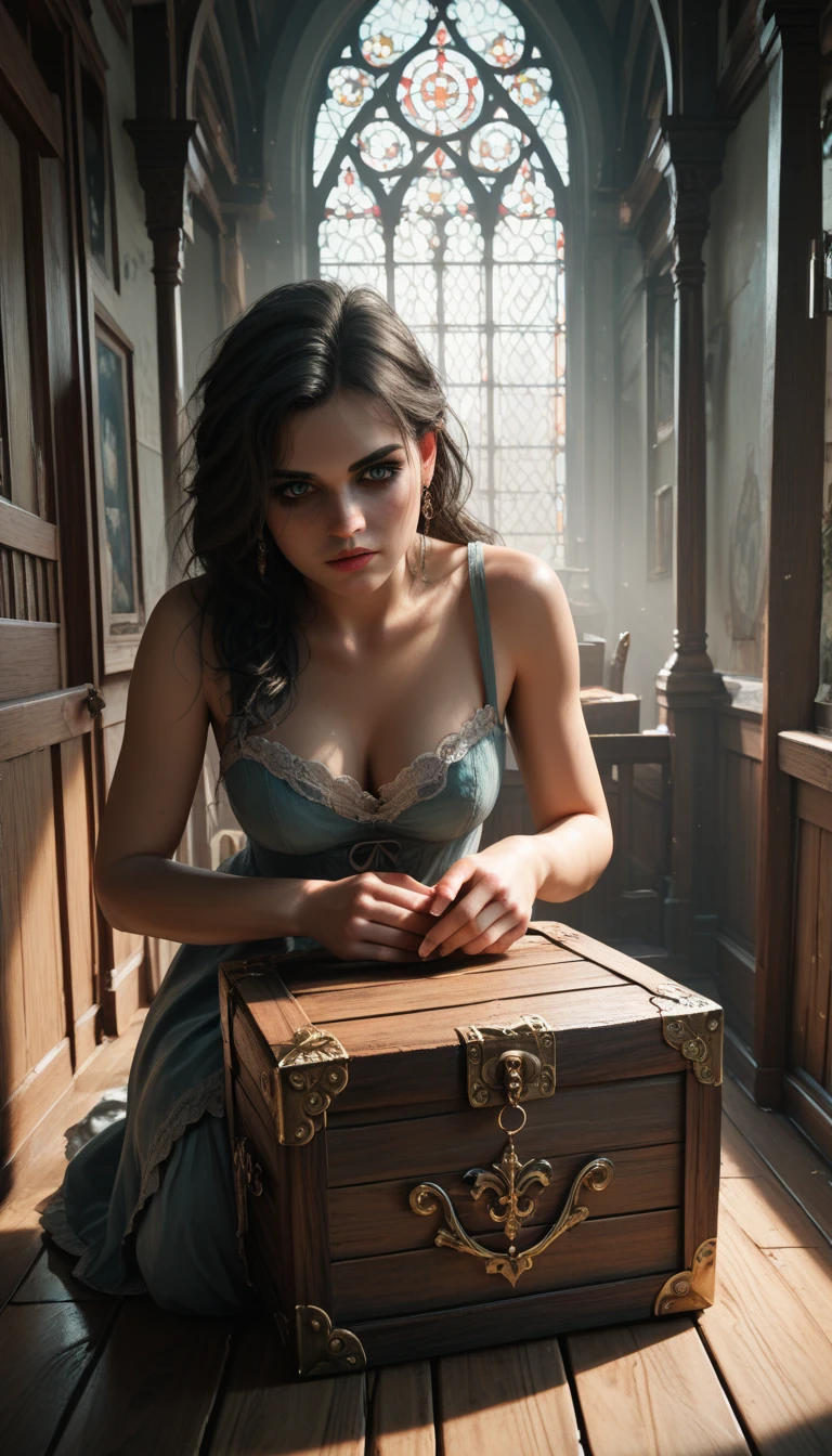 (best quality,4k,8k,highres,masterpiece:1.37),pixel art,(aerial view),(top down perspective),lora:more_details:1,(the focal point is one humanoid character carefully pulling a video game cartridge out of a treasure chest full of retro video game cartridges:1.6), (Futuristic treasure box), (The woman is looking into the treasure box:1.6), (The scene unfolds inside a mystic cavern:1.4),mecha,(dramatic angle:1.4), (The woman has short gray hair:1.6), (The woman has red glowing eyes:1.5), (fantasy and sci-fi mixed:1.5), holographic glitch effects floats around the woman, vibrant colors, (A purple glow emanates from inside the treasure chest), glowing lights, (abandoned machinery), mystical creatures, pixelated details, (crystal formations spreading on the environment), (futuristic technology), (ancient artifacts), mystical energy, vibrant retro aesthetic, atmospheric lighting, hidden passages, ancient ruins, mysterious symbols, shimmering water, lush vegetation, interdimensional portals, ethereal music, nostalgic atmosphere, immersive storytelling, epic adventure, delightful surprises.