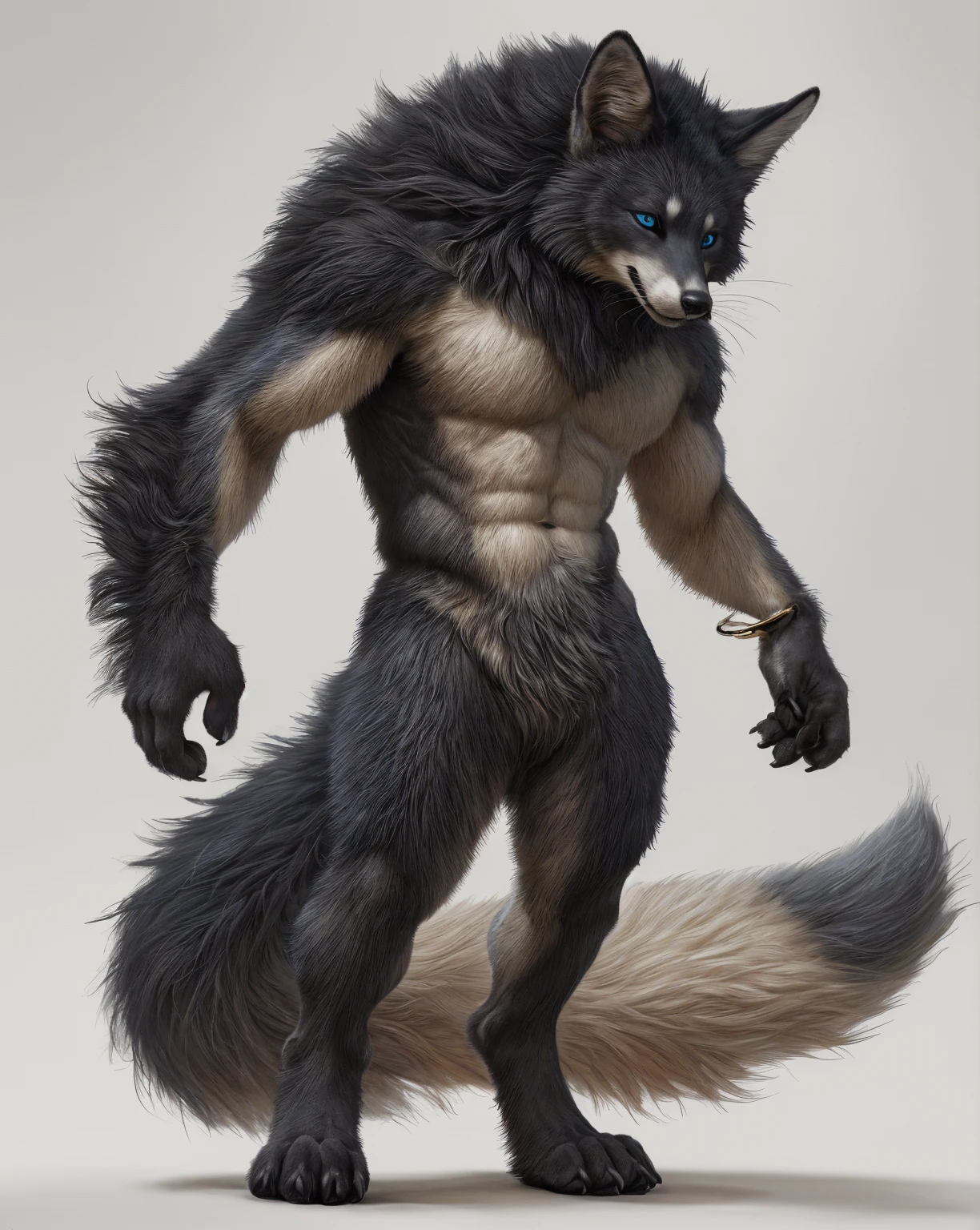 the sketch of a werewolf with human features stands up and has short legs, 1boy, solo, male focus, monochrome, greyscale, claws, underwear, grey background, leg hair