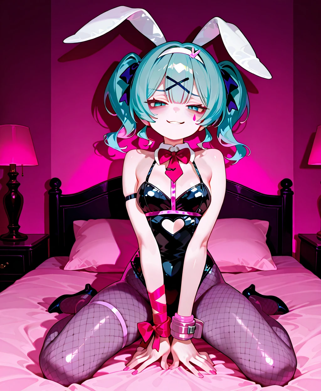 Young Girl, Girl 1, Silver Hair, Short Hair, Twin Tails, Pink Eyes, Deep Pink Eyes, Devil tail, Grey Devil tail, Grey swimsuit, One piece swimsuit, Laying down on bed, light pink theme to bedroom, Grey leather, Thigh highs, leather straps, SFW