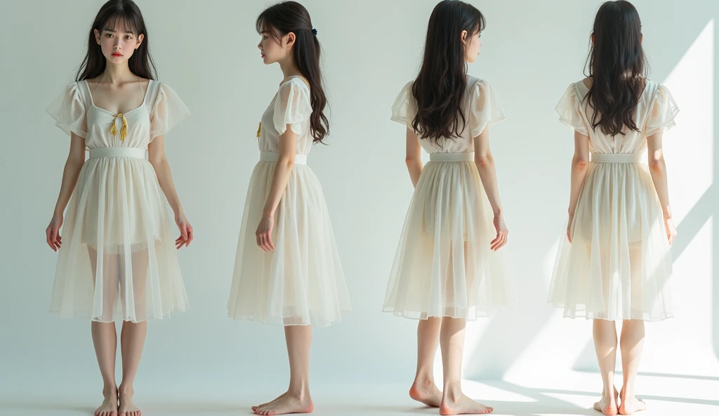 ((reference sheet)), a realistic one, detailed art , Seven-head body ratio、A girl with super long twin tails reaching her waist. She is wearing a strapless dress, Light pink dress with spaghetti straps，Decorated with floral pattern and small strawberries, Lace trim at neckline. She also paired it with pure white tights (Lace pantyhose). Artwork should include full-body views from the front and back, Her arched feet and diamond ballet flats are clearly visible, and detailed close-ups of her face and shoes...., Similar to previous description，But the perspective or posture is different.
