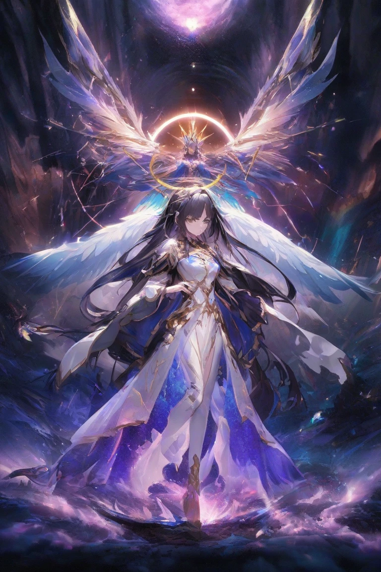 (((shylily))),(masterpiece), best quality, high resolution, 1 girl, 1 halo,mythical priestess,giant goddess, big_glowing_wings, golden_energy,long white dress, aura, light_particles:1.5, (heaven:1.5), ((Enlightenment, blessed)), , random_eye_color ,(wide-angle lens,Panoramic:1.2)