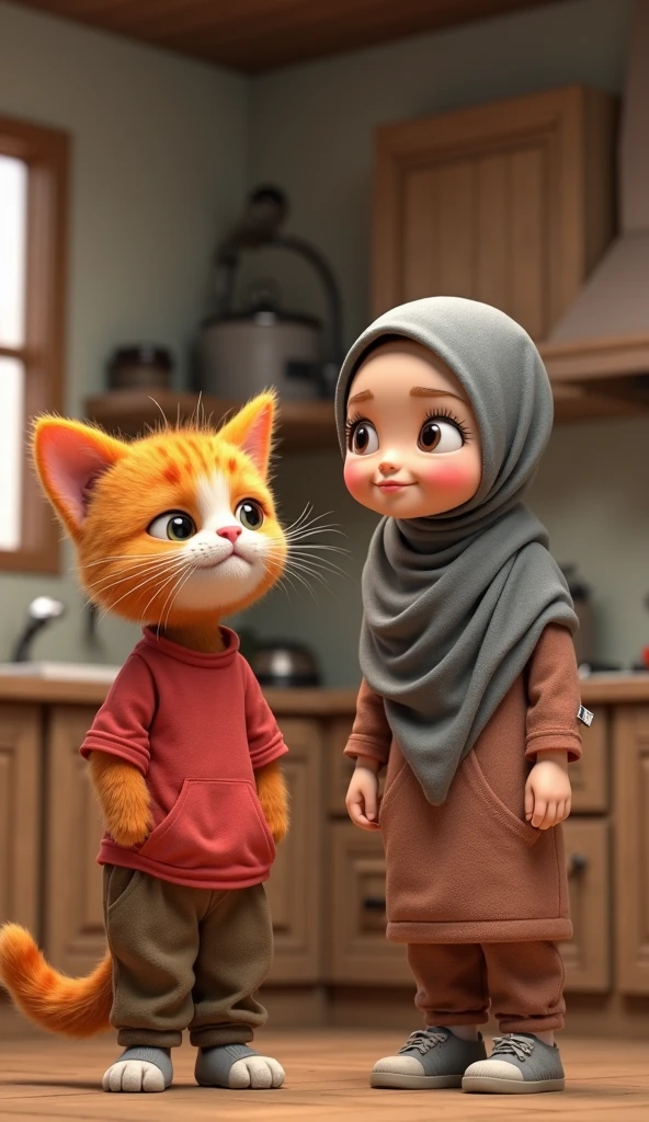 Photorealism cute hijab girl with a cute orange cat