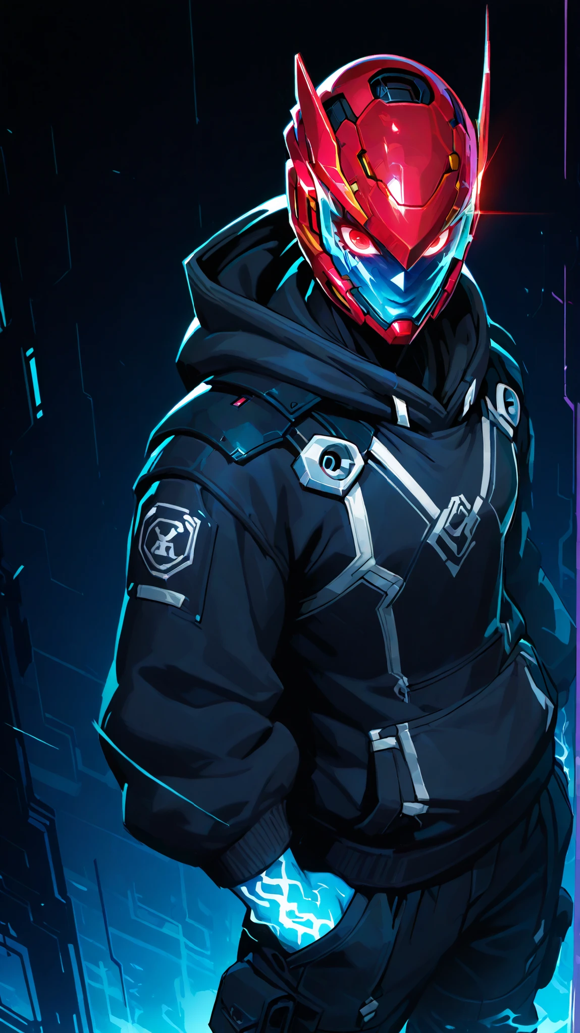 high quality, 8K Ultra HD, A closeup dynamic headshot of a futuristic sci-fi 26 years old young man character wearing a high-tech, sleek spherical and round shape red helmet which covered the full face. The helmet is smooth and aerodynamic, with angular contours. At the center is a glowing blue face screen visor, red eyes with white eyelashes, displaying a serious expression in 2D anime-style emotive eyes. Subtle circuit patterns pulse faintly under the glass screen visor.
Around the edges, the helmet has fine glowing lines (soft blue or cyan) running along its curves like energy veins. The back and sides are reinforced with matte red plating, giving it a tactical and armored look. Tiny vents and micro-lights accent the design. Standing and looking above, wearing a black hoodie, black cargo trousers with white trim,  soft lighting, dark background with pastel tones, expressive and dark atmosphere, high detail, smooth shading, clean line art, front view, portrait shot
