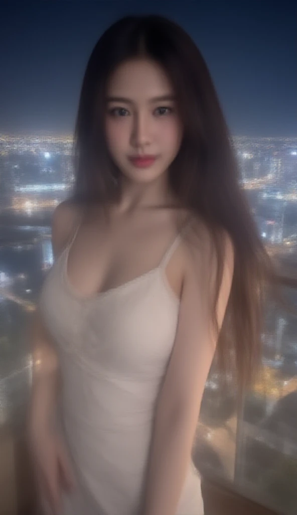 highest quality, masterpiece, Ultra-high resolution, (Actual:1.4), Original photo, 8k, 1 naked girl, completely nude, exquisite makeup, perky breasts, thighs, shiny white skin, Bright and beautiful, dark brown hair, earrings, necklace, full body, standing, shower, city scape through windows