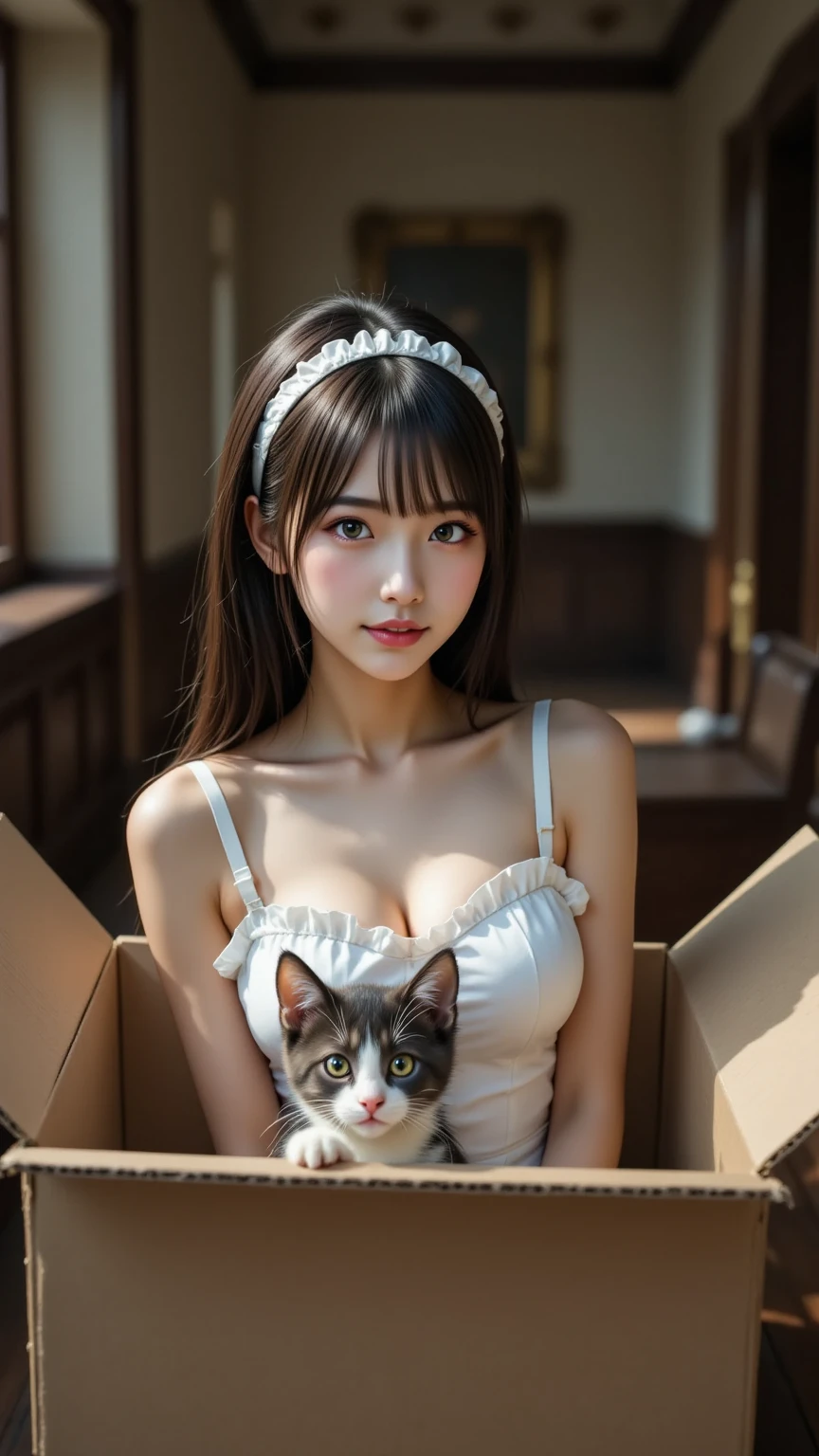 (high quality、8K、ultra hd、Beautiful 16 year old Japanese woman with a kitten on her lap)、Tank top、mini skirt、A happy smile、whole body、random pose、A cute pop room with kittens、digital painting、concept art、3D lighting、2D rendering、art germ、ArtStat Trends、pop of color、pop art、Realistic depiction like a photo