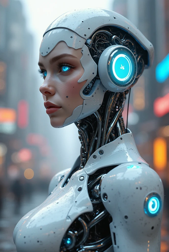"Araffed Cyborg with high-resolution white plastic details, olhos azuis claros."