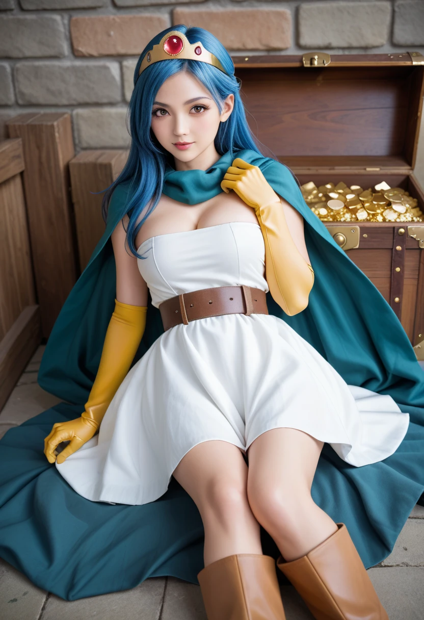 (masterpiece, best quality:1.4), (sitting at the floor:1.5), (sexy pose:1.4), (looking at viewer:1.2), smile, 1girl, shiny skin, night sky, full moon, Menphina, blue eyes, blue hair, crown, aqua eyes, aqua hair, luxury dress, white blue dress, pale skin, glowing eyes, golden armor arm, aqua_eyes, aqua_hair, jewelry, white_dress, crown, one wing, accidental exposure panties, seat, white panties, beautiful face, (highly detailed face), highly detailed eyes, highly detailed skin, skin pores, subsurface scattering, realistic pupils, medium breast, full face blush, full lips, detailed background, depth of field, volumetric lighting, sharp focus, absurdres, realistic proportions, good anatomy, (realistic, hyperrealistic:1.4), 16k hdr,