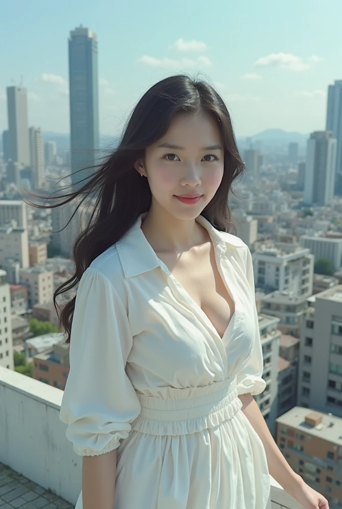 A beautiful asian and young girl.Her facial features are exquisite and fully conform to the golden ratio of human anatomy...Her long,straight long black hair, Big breasts, huge chest, fat body, beautiful scenery, big breasts, big, big tits, busty , big breast, big boobs, wearing a beautiful peach floral big loose long sleeves top, pants, purse, sexy pose , big breasts , big breasts, huge tits, full body shot, angle pose , happy, exciting, smile, tall buildings , sky