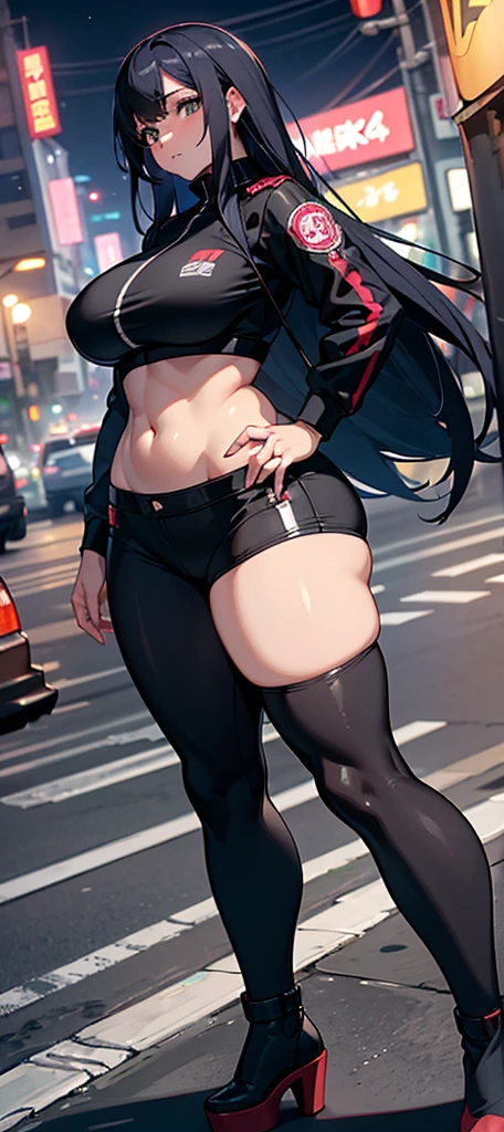 (Best Quality, Masterpiece:1.2), (detailed woman), 1girl, solo, Taiwanese woman, long black hair, With bangs,1 female in, 28 yo, Beautiful face, glossy lips, red lipstick, closed mouth, smirk, big breasts, deep cleavage, pale skin, smiling, teeth, ((Wearing: Black tight tank top, Tight Denim booty shorts, black high-heel shoes)), ((holding a flag:1.3)), ((Background: Outside, empty race track)), the woman is an race queen,