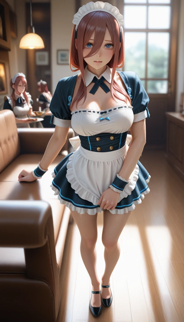 (((masterpiece, Highest quality, High resolution, 超High resolution, Perfect Pixel, Depth of written boundary, 4K, RTTX 10.0))), Beautiful Anime Woman, Beautiful art style, Anime characters, ((Smooth texture, Realistic texture, Anime CG Style)), Exact finger count、Exact number of legs、(Exact number of arms:1.0, Exact number of hands:1.0), (Perfect hands, Perfect Anatomy), Cinematic, Realistic, Extremely detailed CG, Daytime lighting, Perfect lighting, Best Shadow, The best natural light, whole body, Perfect body, Slender body, ((bangs, Dark reddish brown hair, Stylish and cute ponytail hairstyles), Long Hair), (Detailed face, Cute Face), (A grown woman standing with her own hand lifting up her skirt:1.7), (black and white maid outfit, Maid clothes with ruffles and lace, pumps:1.3)、Angle from the front, ((セクシーでかわいいBlue and white striped panties:1.3), (Glossy satin panties, Side-tie panties, Lace panties:1.3), (Blue and white striped panties, lace garter belt, Garter Strings, Knee socks:1.3)), (Beautiful big boobs), (Beautiful and thin thighs:1.3), Feeling embarrassed, (blush:1.2), (Very embarrassed look:1.5), (maid Cafe, Tables and chairs, Many male customers in the background, The male customers are chatting:1.4)