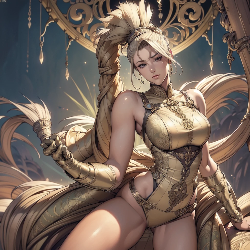 (Masterpiece, best quaility, 4k) (black gyaru darkest skin) (pointy ears) (tiger tail) (Selvaria Bles) wearing yellowish tiger print bikini, hands on hips, full body golden = (shackles wristbands, chains, bracers, handcuffs) leather collar choker, metal sandals, big knockers, happy closed mouth red cheeks