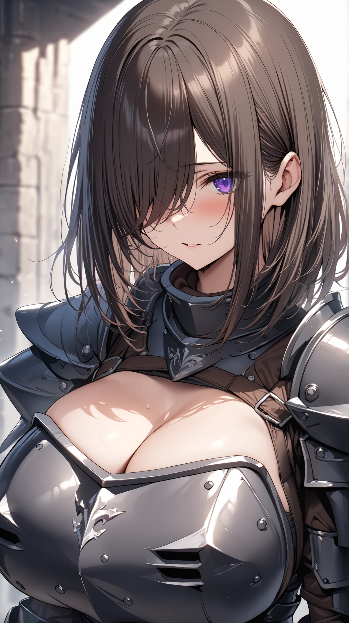 (masterpiece, top quality, very aesthetic, 4k、illustration), ()、intricate detail, 1woman,solo,contrapposto 、(gradient eyes、tareme)、very short hair、asymmetrical bangs,Fair skin,(cowboy shot)、beautiful women、Cleavage、clear face、(),beautiful face、(gradient hair)、(brown hair)、sidelock ,,green eyes、Knight、platearmor、medium breasts、slender 、