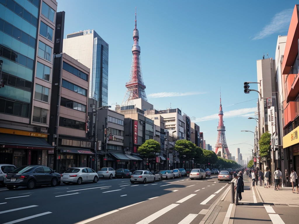 A realistic photo-style image of Tokyo Tower towering above the city, viewed from a street level perspective. The scene shows an urban Tokyo street with cars, traffic lights, and people walking. It's a clear day with blue sky, and the Tokyo Tower stands tall in the distance.