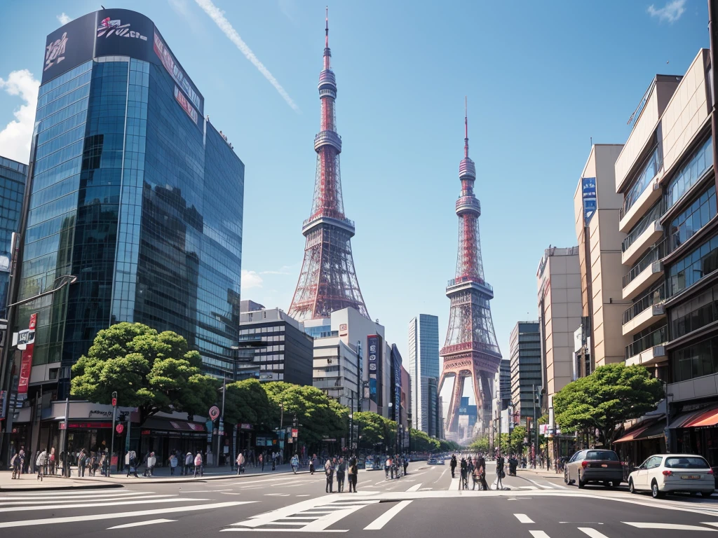 A realistic photo-style image of Tokyo Tower towering above the city, viewed from a street level perspective. The scene shows an urban Tokyo street with cars, traffic lights, and people walking. It's a clear day with blue sky, and the Tokyo Tower stands tall in the distance.