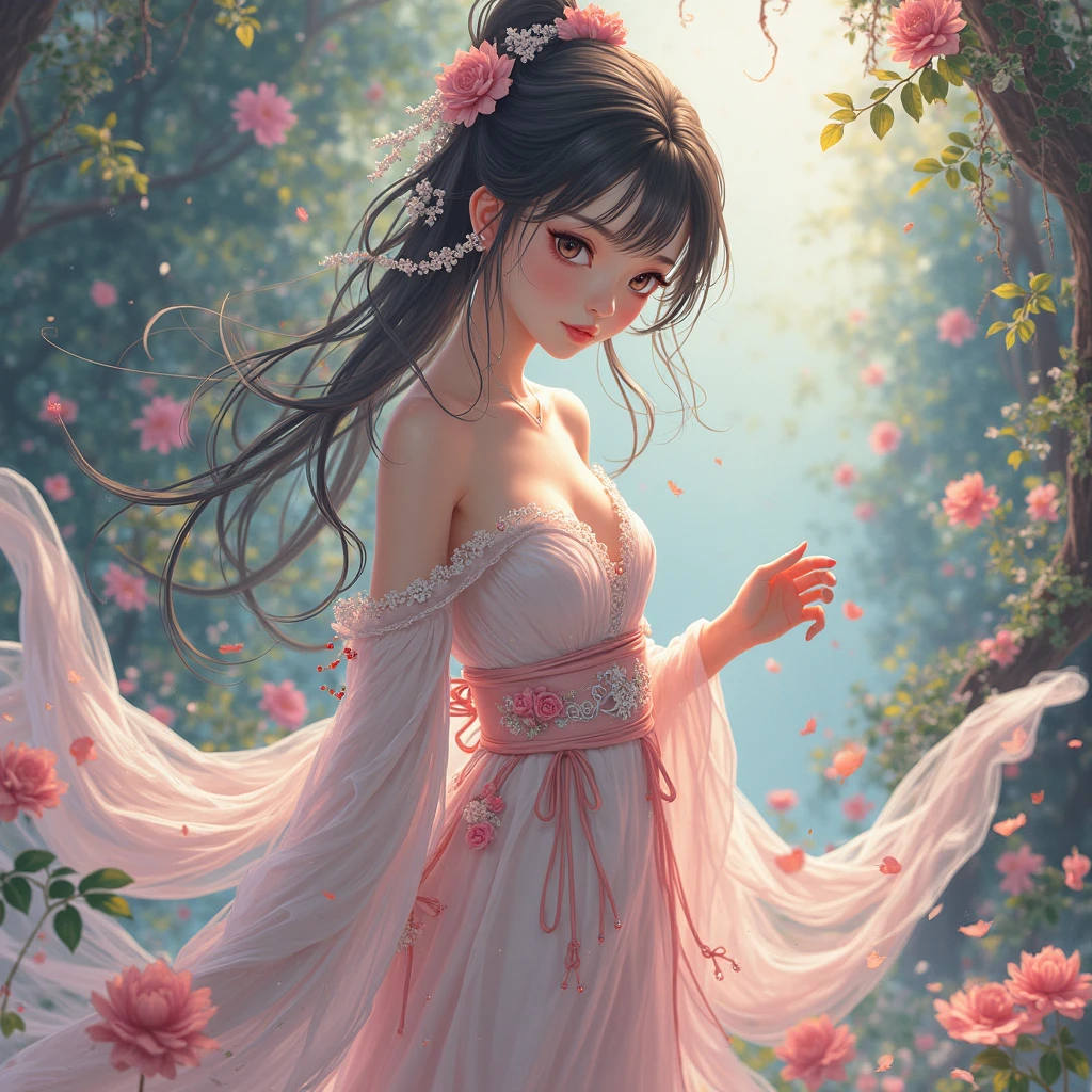 Anime art style masterpiece, enchanting woman, graceful pose, delicate features, mesmerizing large eyes filled with emotion, flowing hair cascading like silk, radiant colors illuminating her form, intricate clothing with elaborate patterns and textures, ethereal aura surrounding her, set against a dreamy fantasy landscape, soft-focus background blending pastel hues, capturing the essence of beauty and strength, charming smile radiating warmth and confidence, subtle shadows enhancing depth while maintaining the anime aesthetic, dynamic composition leading the viewer's eye through the scene, intimate connection with audience through expressive detail, lush environment with gentle light filtering through blossoming trees, gracefully sweeping petals drifting in the air, tranquil water reflecting scene, harmonious blend of vibrant and soft tones, evokes feelings of wonder and inspiration, detailed anime-style rendering incorporating clean lines and bold colors, expertly crafted to highlight character’s delicate proportions, slightly exaggerated features enhancing charm, drawing inspiration from beloved anime classics while infusing modern elements, designed to engage and captivate fans of the genre, high-resolution digital painting emulating traditional anime visuals, inviting viewers into a richly imagined world filled with emotion and artistry.