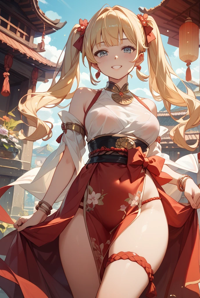 one woman,Detailed contours,Super best image quality,China dress,underboob,From the side down,Beautiful big,Nipples are sagging,Belly exposure,exposing chest,Doggy,underboobだけ見せる,from the side of your feet,blonde,standing position,My clothes are just on my chest,Low - Angle,anime characters,