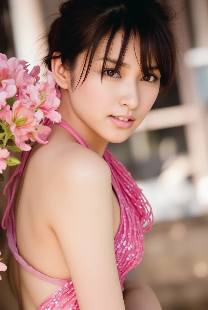 (extra detailed body、extra detailed face、best qualtiy:1.2)、femele、looking at the viewers、(sheer pink bra、JINS)、(pink bougainvillea chaos in the background:1.4)no bangs, double eyelids,black hair