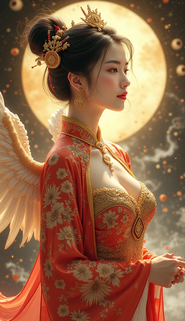 "a beautiful geisha with long flowing black hair, full breasts, full lips, beautiful eyes, silky skin, with ornaments in her hair, with a bun on her head and flowers, wearing a beautiful golden kimono with a red corset, posing, with a bright sun in the background and clouds, and honeycombs and giant bees behind, beautiful Japanese fertility goddess."