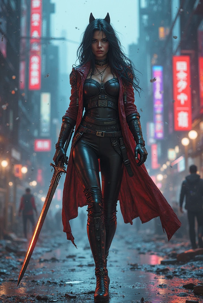 Cute Girl, elf, full body, Wizard, pointed ears, masterpiece,(bestquality),highlydetailed,ultra-detailed, 1 girl,(black and red tones),(mechanical),(cool),(biodesign),( biomechanics),long hair,(wires and tubes),(futuristic outfit),(leather jacket),(combat boots),(in a cyberpunk city with neon lights),(holding a magic staff)