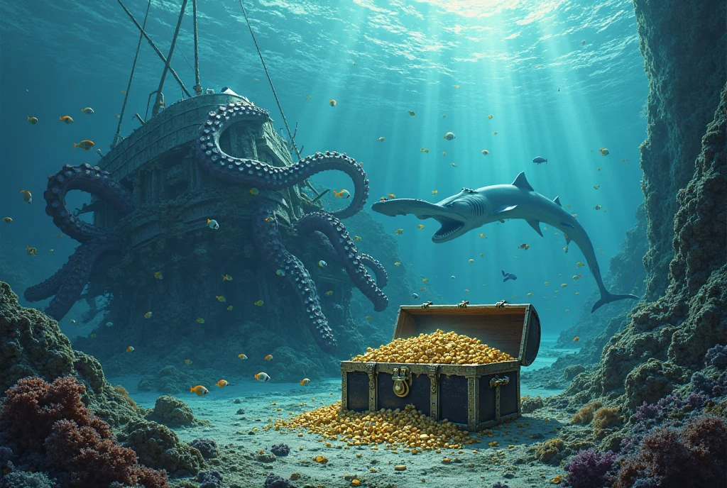 a pirate man swimming underwater meets a beautiful pearl diver woman trying to open an ancient treasure chest, jewels are scattered around the chest and there are several skulls and sabers, CGI, octane rendering, 3d style, ultra detailed texture, <lora:sdxl_lora_pirate2:0.7>