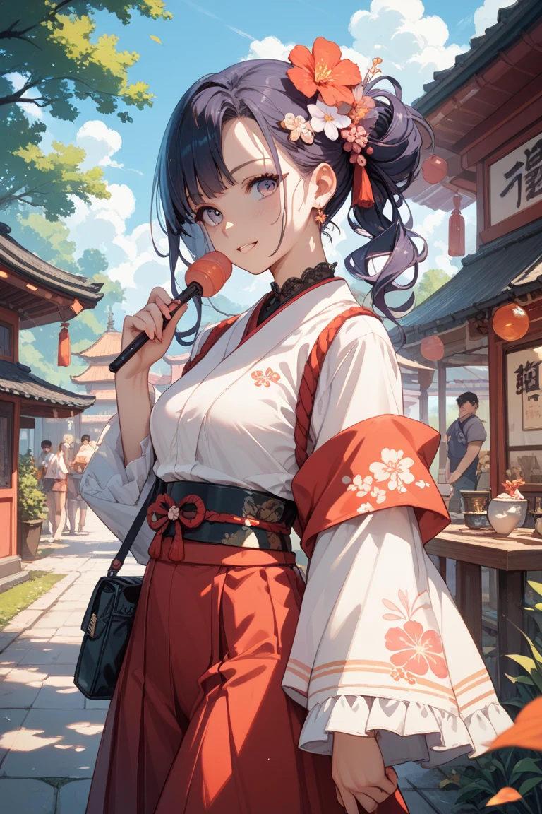 ((best quality)), ((Masterpiece)), (details), 1 woman,kimono,speaking into a megaphone,open shoulder,charming,Natural Face,fit,chest,pink lipstick,outdoor,black hair,full body