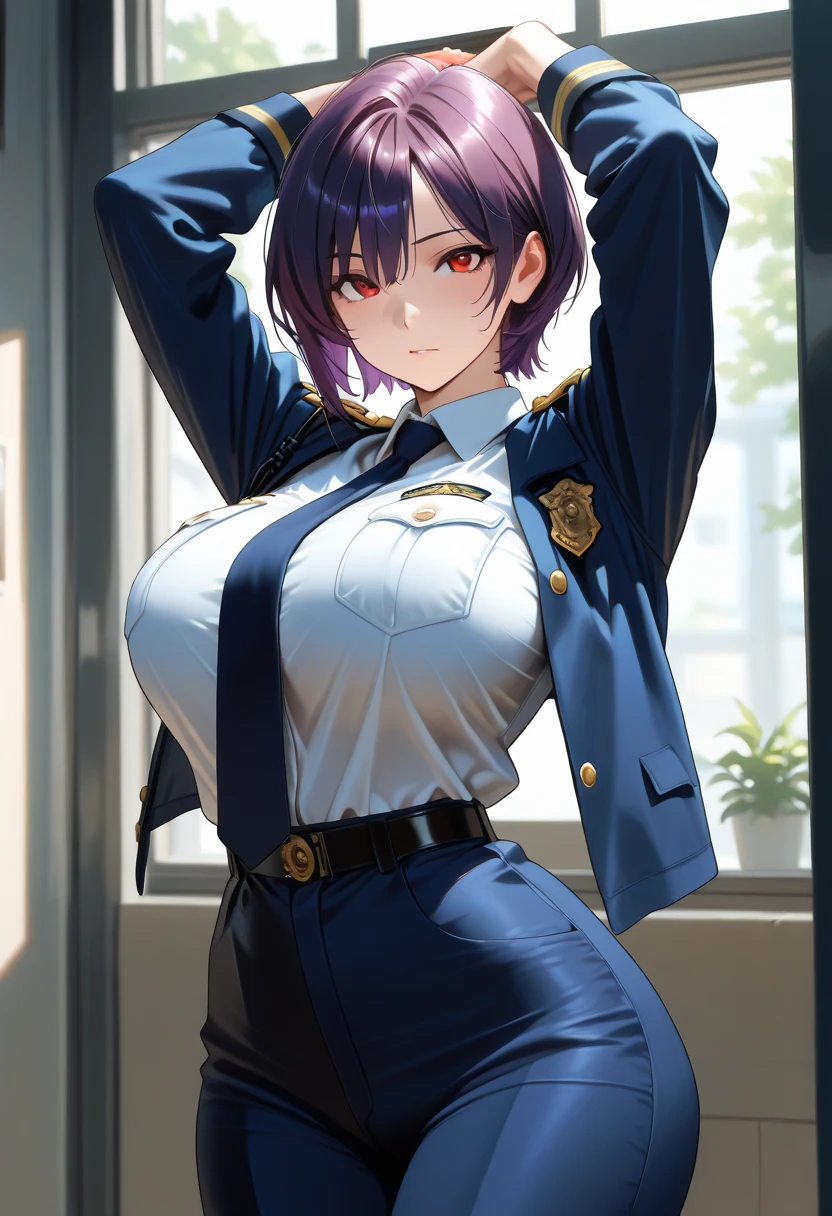 A beautiful young student wearing black jacket on top of uniform, holding a book, her large breasts accentuated, in a stunning, highly detailed, photorealistic masterpiece, 8K resolution, with fully detailed hands and fingers, classroom background, half body