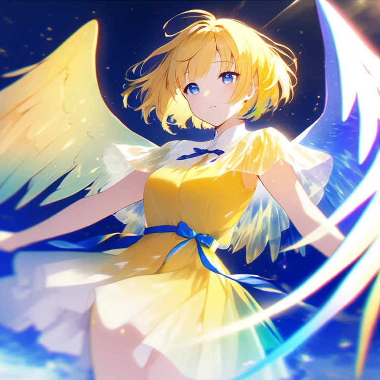 1 girl, cowboy shot, solo, perfect anatomy, standing, spread arms, mami tomoe, masterpiece, best quality, highres, big breast, closed eyes, :o, (fluttering skirt, white panties:1.2), sacred, glitter, sparkle, spot light, transparent clothes, wet, scenery, look another, face up, from side, headback