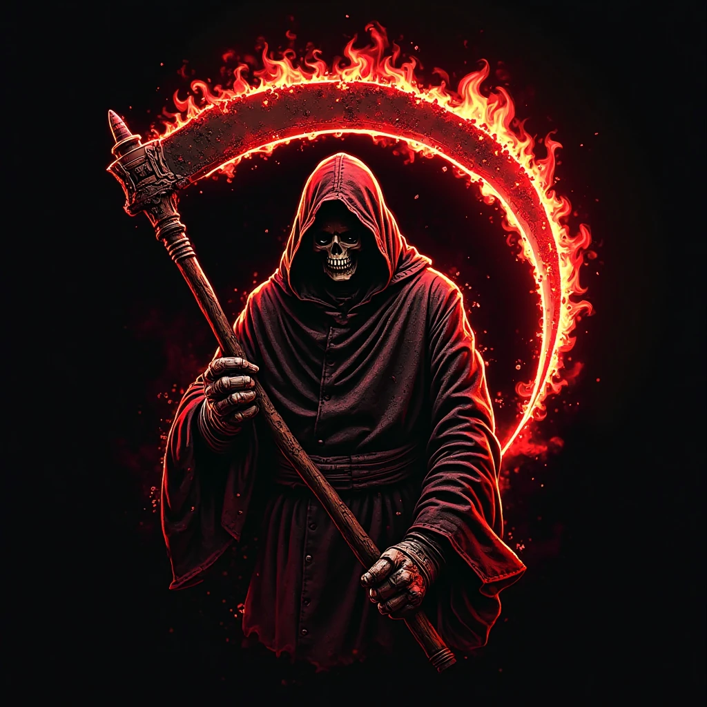 hooded grim reaper, (empty background :1.4), Scythe, streetwear, blood, flame, colorfull, realistic, intricare, horror, extremely sharp, detailed, 8k, centered, as a t-shirt logo in the style of &lt;�MAGIFACTORY&gt;