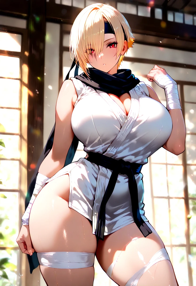masterpiece, best quality, very aesthetic, absurdres, 1girl, mature_lady, in Desert ,Mummy_clothes, bandage_clothes, bandaged_chest, bandaged_fingers, bandaged_hand, bandaged_head, bandaged_neck, bandaged_thighs, bandaged_pants, bandages cover body, ,yamanaka_ino, naruto_(series), naruto_shippuuden, blonde_hair, long_hair, high_ponytail, hair_over_one_eye, blue_eyes,large_breasts,,in Desert, Desert Princess,surrounding by flowers,falling_petals, outdoors, petals,,,blur background,background defocus,