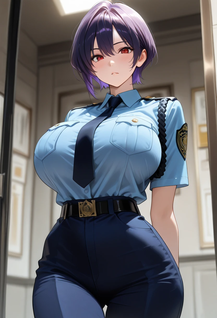 source_anime, rating_explicit, score_9, score_8_up, score_7_up, goth, gothic, blonde hair, short_hair, looking at viewer, hellsing, goth girl, ikuchan, smirk, green eyes, smirk, standing, indoors, portrait, masterpiece, face focus, multicolored_hair, tomboy, huge thighs, tiny waist, wide hips, huge breasts, cow pattern,,cow pattern underwear