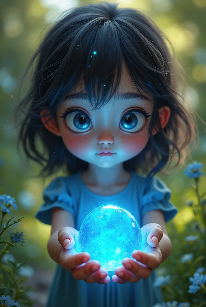 Arafed child holding a glowing ball in front of a forest, little girl with magical powers, painting digital adorable, portrait of magical young girl, luzes brilhantes! pintura digital, Arte digital realista 4K, Arte digital realista 4K, Directed by: Adam Marczyński, Arte infantil em Artstation, Conectado com tubos brilhantes 8 K, brilhando com magia, Magical Glow