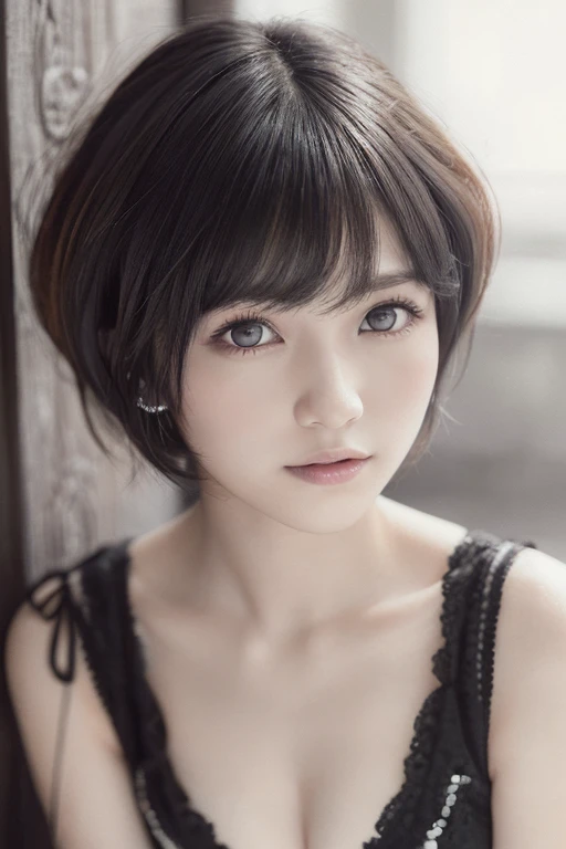High resolution, masterpiece, Ruka Sarashina, short hair, black hair, (solo), 1girl, cute, interior, detailed eyes, (black eyes)