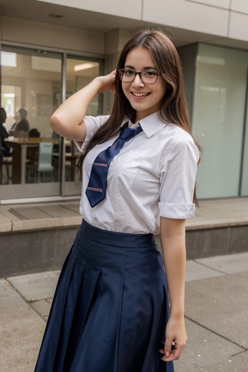 Ultra HD, very realistic, ultra detaile, 8k, Raw foto, cinematic, bokeh, 1girl, (wear uniform), big breast, brown hair-waves, glasses, sweet smile, big tattoo in arm, white stocking, blue tie, Walking in the park while hugging a book to your chest,