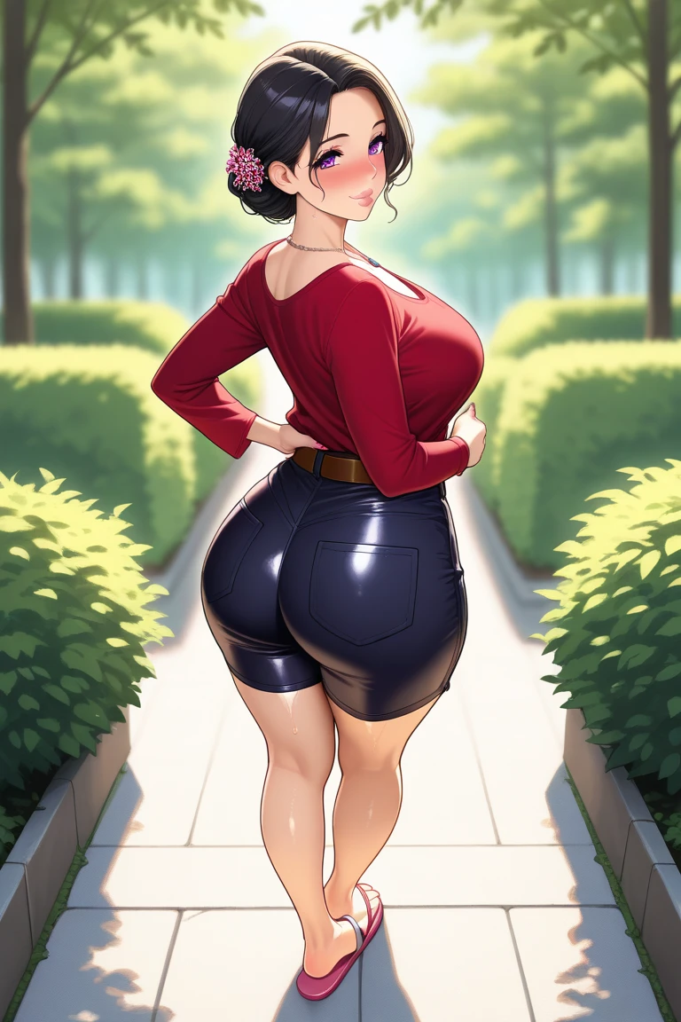 20 years old woman, Short brown hair, Mediterranean with blue eyes, Generous and heavy breasts, slender waist, estomac defini, fesses rebondies et pulpeuses, naturally curved, muscular thighs, aguicheuse, lunettes, air joyeux, jean, teeshirt, heels, in a park
