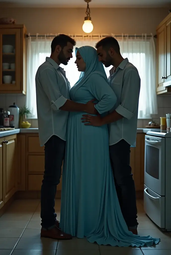 POV when in front of you is a stepmother from Malaysia who wears a hijab with a plus size body who is 9 months pregnant and is cooking in the kitchen of your house and you want to hug her.. fisheye camera view, iphone camera style. HD, realface, cinematic, extreme long shot