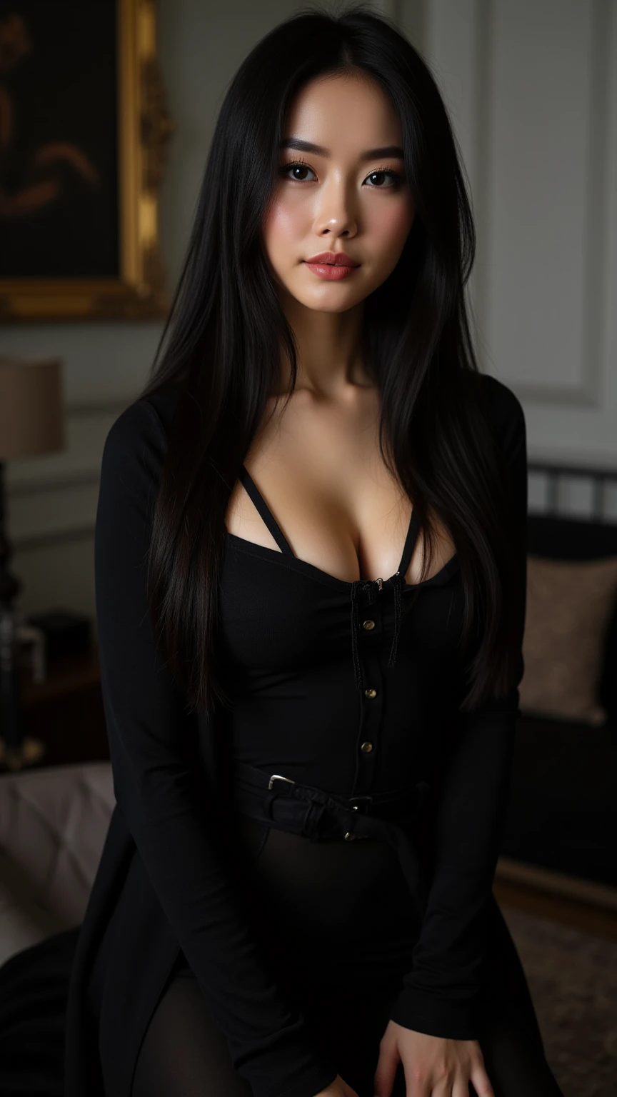 masterpiece,8K,Highest quality,Ultra-fine Illustration, The whole body is visible,Highly detailed face, Fine and glowing skin,Big eyes), (Long, straight black hair, Big Breasts: 1.2), (Shooting from below,Downward), Pretty face, 40 year old Japanese man,Camisole dress,Lift up the skirt,Purple see-through panties,Big eyes, double eyelid,Embarrassed look,In the city