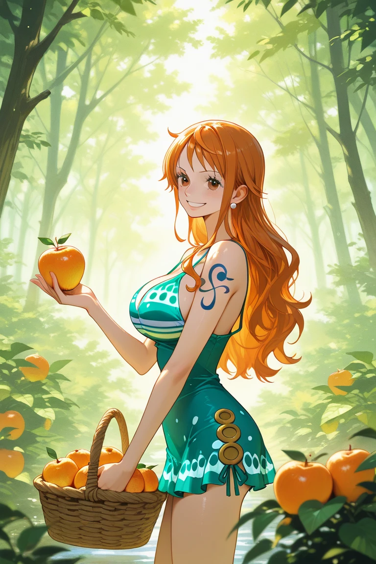 (bestquality,masterpiece) ,NamiOP, jewelry, smile, cleavage, earrings, swimsuit, bikini, open_mouth, bracelet, navel, collarbone, bikini_top_only, denim, pants, jeans, :d, groin, holding, closed_eyes, sitting, stomach, blue_pants, blurry_background, hat, solo_focus, blurry, food, fruit, orange_\(fruit\), holding_food, holding_fruit, mandarin_orange, straw_hat,