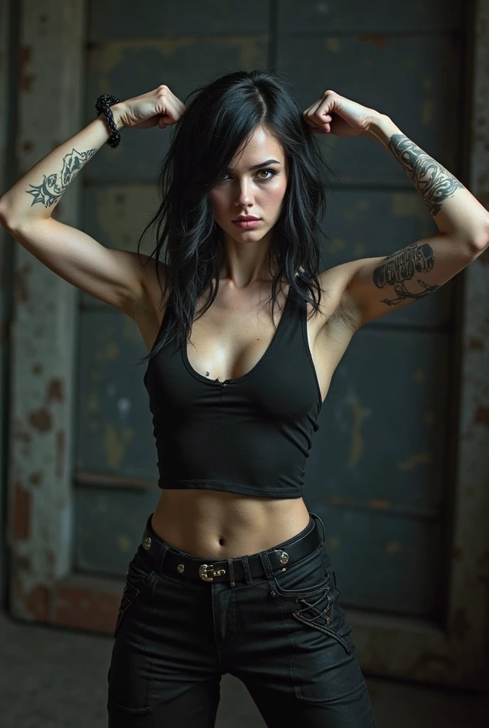 Ultra-realistic 8k CG, masterpiece, best quality, (photorealistic:1.4), absurdres, extremely detailed, real hair, life-like,  dark setting, provocative pose, girl covered in slime, skin-tight white tanktop, Sleeveless, Shorts, open belly, on knees, very skinny, goth, messy blue hair, blue eyes, long black nails, large tattoo, very sweaty body, gothic accessories, gothic belt, wolf ears