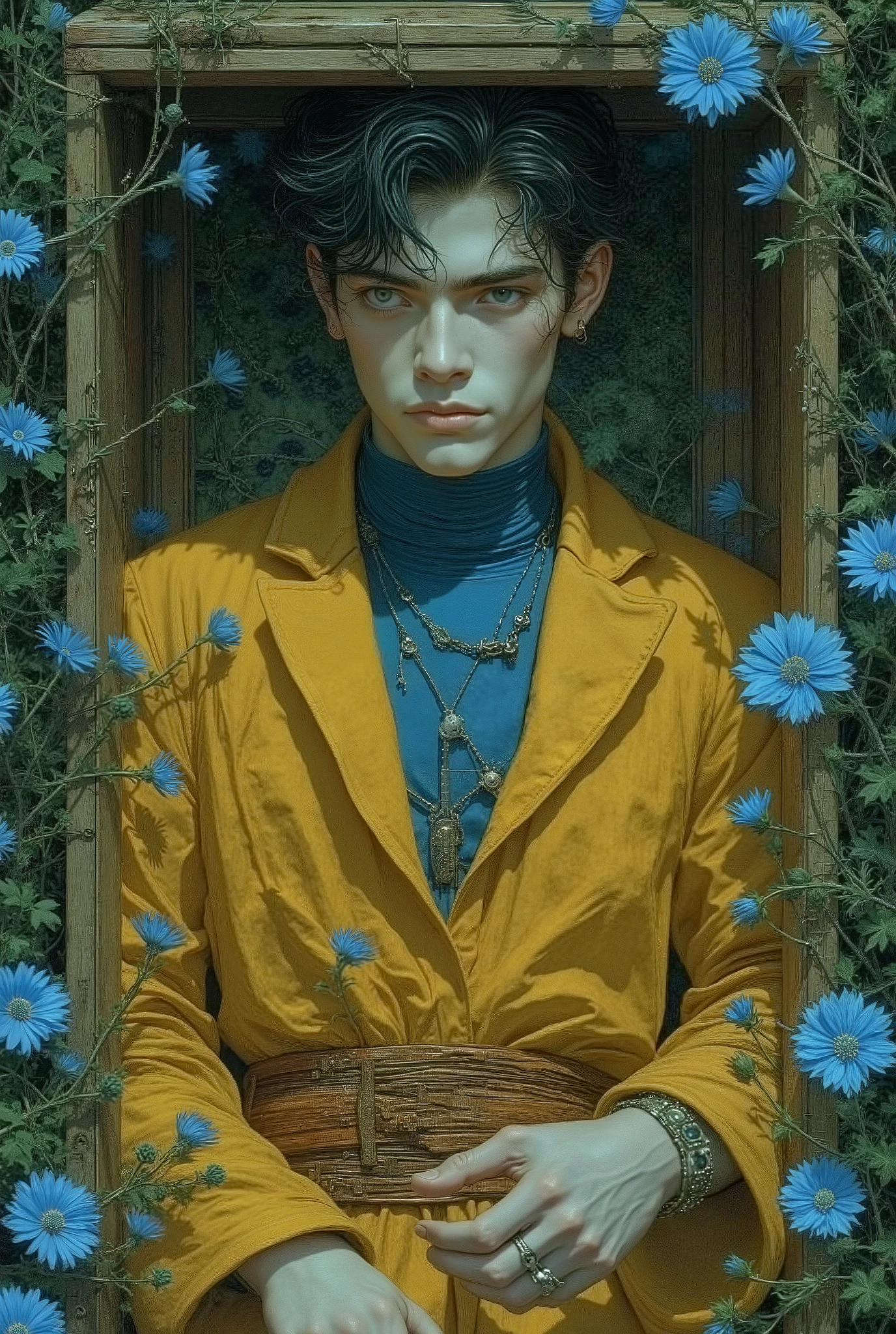"RAW photo, absurd, absurdresolution, masterpiece, best quality, extremely detailed 8k Unity CG wallpaper, best illustration, best shadows, realistic lighting.
Open that mysterious box! What secrets lie hidden beneath its tightly shut lid? Anything is possible!
Top view of an old wooden box hidden among bushes and thorns, surrounded by beautiful pinton blue flowers.
Inside the box lies a handsome young man (full body) wearing a rich yellow wizard's robe layered over a pinton blue turtleneck shirt.
Oil painting style, masterpiece quality, expert level detail, strong dramatic shadows, insanely detailed, 4k resolution."**