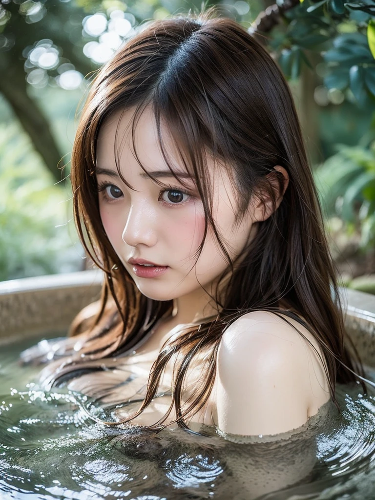 ((top quality, 8k, masterpiece: 1.3)), women (bathing in hot springs), sweating, water droplets on forehead of the face, outdoors, background forest, overhead camera, sharp focus: 1.2, cute women: 1.4, (layered haircut)), (white shirt), very detailed face and skin and hair texture, knotted black hair, wet texture hair, wet body, detailed eyes, double eyelids, White skin, beautiful legs, beautiful delicate nose, cute young Japan woman, 28 years old, with dynamic angles, creating melancholy emotions characterized by calm tones and contrasting mixes of light and shadow, while emphasizing the subject's hair, eyes, mouth and action, it is a composition pleasing to the eye and suggestive.