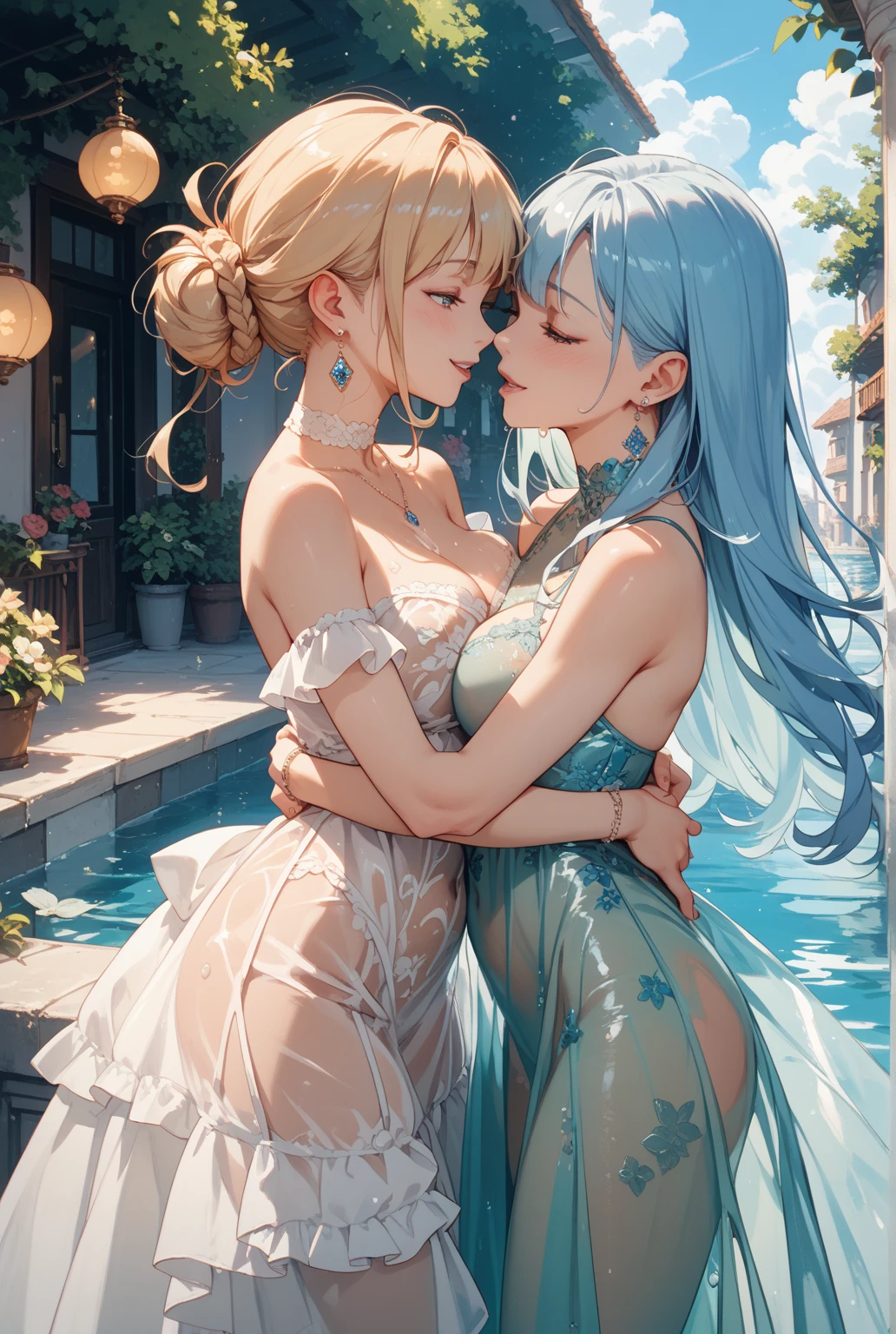 kiss、couple、Lovers、romance、Overflowing、Full body painting、exposed chest、Sheer lace underwear、Underwear to take off、nipple、nippleが透ける、ピンクnipple、pink areola、clitoris、between strands、coupleポーズ, attractive pose, kissing together cutely, passionate pose, 素敵なcouple, 1 male,(blonde hair, gold eyes、expensive、190 cm、manly、Handsome guy、beautiful shape、best style、Beautiful prince,strong body、sexy costume、expensive、Wet gowns、open chest、flowing)、1 female(pink hair,straight long hair、pink eyes、cute big eyes,優しいlaughter、flowers in hair、petite、huge tit、best style、perfect style、rise)、Put your arms around your waist、hug、Grabbing the waist、araffe woman in a white lingerie posing for a picture, lingeries beauty, wearing sexy lingerie, , translucent dress, translucent body, iridescent shiny sheer lingerie, sexy dress, wavy lingeries, smooth clear white skin, lingerie, beautiful sexy woman photo, sexy style, Lovely lady, Transparent Dress, V-chest open clothes, young graceful、squirt、splash water、Izumi, In the park on a sunny day, bright sunny day、bright sunny summer day,blue sky、shine、about、shine湖、clear water、Bright sunshine、colorful flowers、surrounded by flowers、close contact、laughter、slight smile、gentle eyes