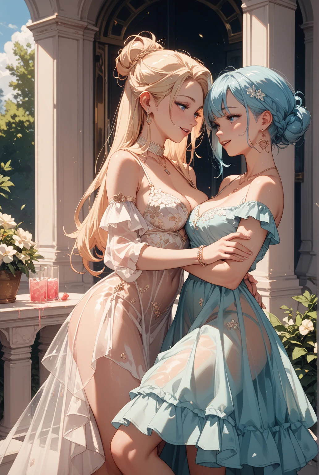 beautiful woman,smile,(light green short hair),nobility,(princess),blue student,Tall figure,((Strapless dress)),low skirt,(Star evening dress),lolita skirt,Show your legs,Crystal heels,red carpet,prom website,(nobility),(titsใหญ่),((fluffy fur)),(2 young women ,beautiful woman),(20 year old girl),big breasts,Big tits,tits,rift, visible chest, Show your breasts, open chest,((bare breast:1.37)), ฉันเห็นtitsโป่งพ,(large areolae:1.4,pink,titsมองเห็นได้ชัดเจน..)