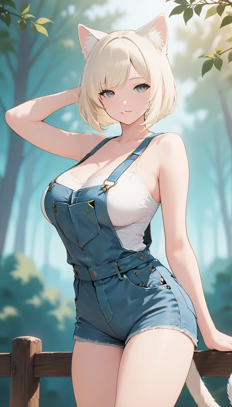 1 female，35 years old，Slim，Very large ，Big breasts and thin waist，Long legs， solitary，（background：，Cherry Blossom Forest，Rainforest）Standing in the forest， She has short blonde hair，Front view， curls，Cloudy sky，（（（masterpiece），（Highly detailed CG Unity 8k wallpaper），best quality，Light，Detailed background，Beautiful and delicate eyes，smart student，black eyes，red lips（Very delicate and beautiful），（Beautiful and detailed description of the eyes），Super detailed，masterpiece，））face camera，high resolution，Super detailed），nude，officer，No underwear,military cap, chubby body, pink shorts 