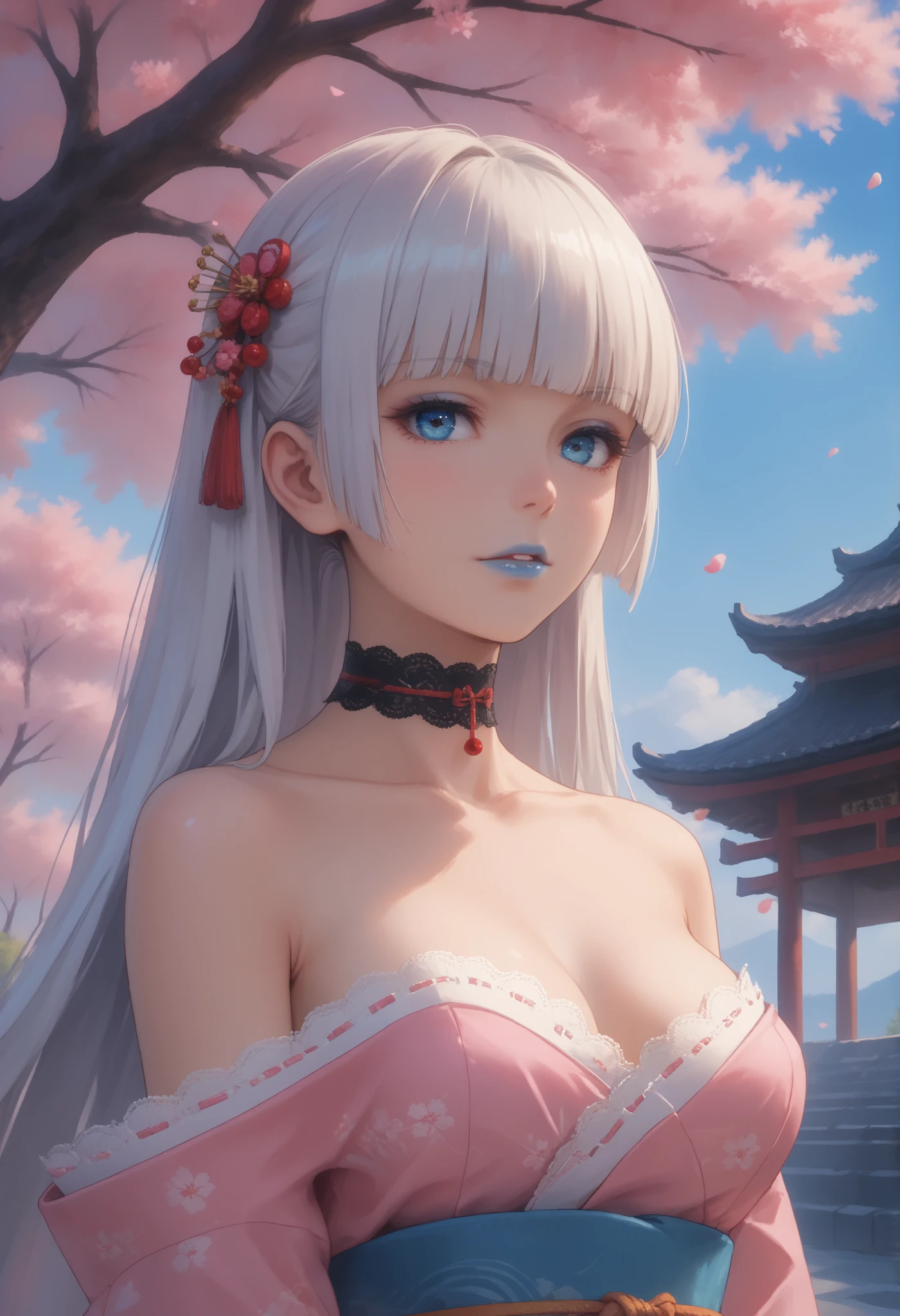 kirari momobami, long hair, white hair, hime cut, big blue eyes, highly detailed face, glossy detailed lips, blue lipstick, blunt bangs, eyeshadow, medium sized breasts, cleaveage, exposed shoulders, collarbone, hair ornament, choker, highly detailed clothing, japanese clothes, kimono with long flowing sleeves, lace bra (strapless), stood, dynamic angle, view from below, dynamic background, traditional Japanese garden, cherry blossoms, cherry blossom trees, blue sky , stunning 8k quality, masterpiece, vivid colors, arms and hands behind back, leaning slightly, slight head tilt